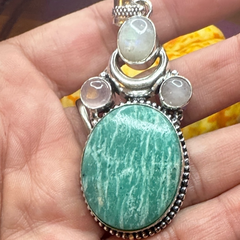 Moon Amazonite Rose Quartz. 925 Silver Plated Pendant. 2.5"